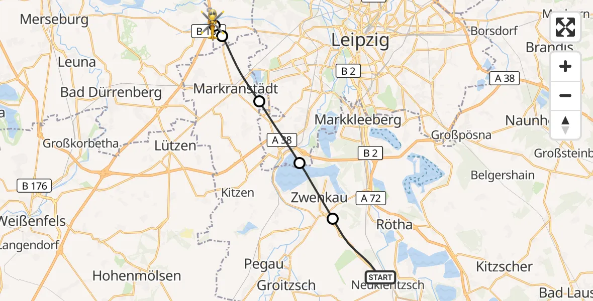 Flugroute Rettungshubschrauber Neukieritzsch - ADAC Air Rescue Station Leipzig/Schkeuditz-Dölzig Hubschrauberlandeplatz (Christoph 61), 30 Juli 2026, 07:21