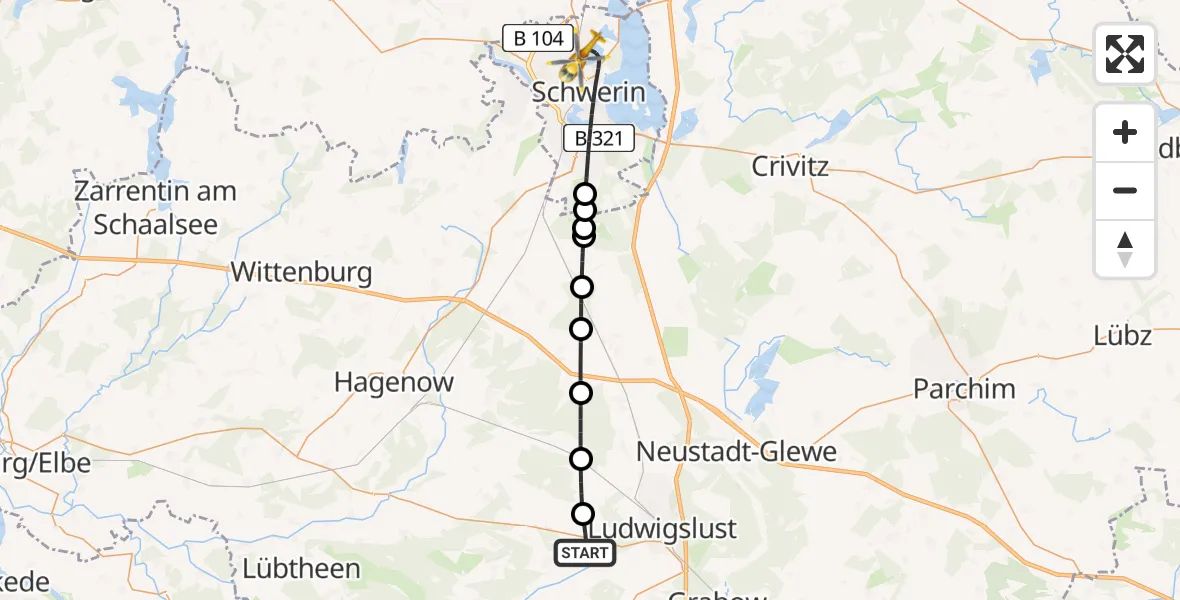 Flugroute Rettungshubschrauber Ludwigslust - Schwerin, 30 Juli 2026, 07:25