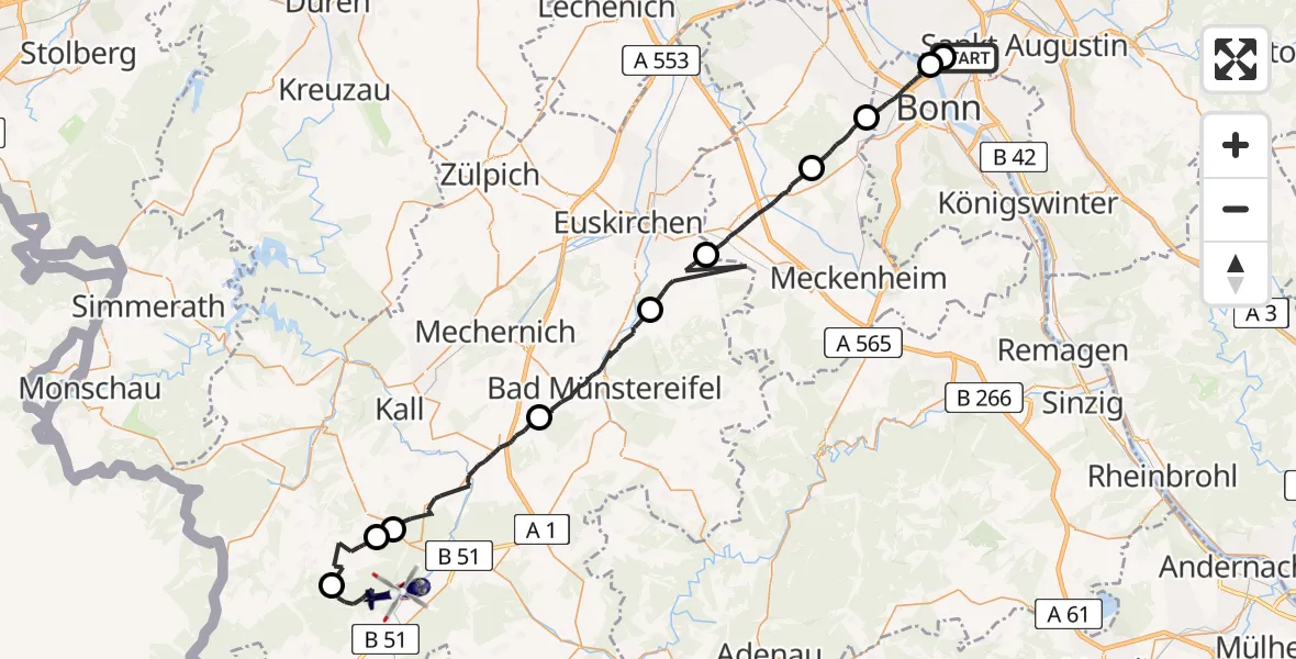 Flugroute Polizeihubschrauber Bonn - Dahlem, 30 Juli 2026, 07:34