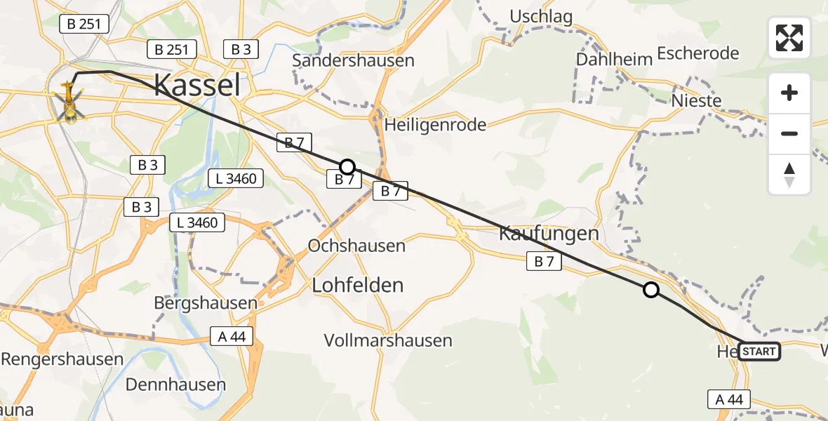 Flugroute Rettungshubschrauber Helsa - Kassel, 30 Juli 2026, 07:34