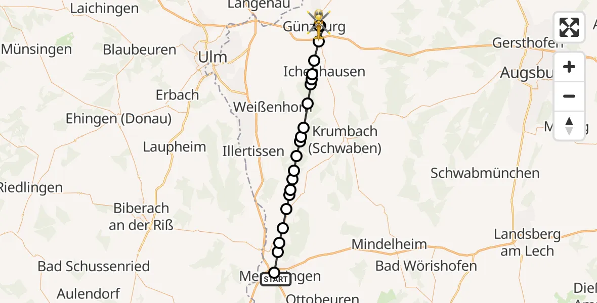Flugroute Rettungshubschrauber Memmingen Hospital - Günzburg Hospital, 30 Juli 2026, 07:34