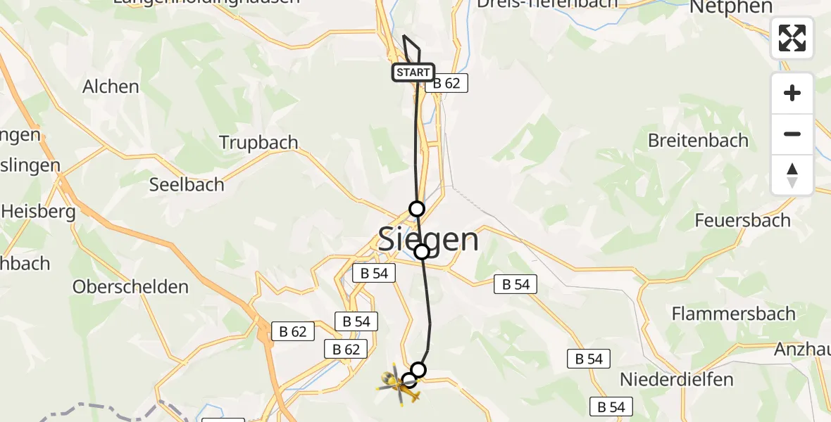 Flugroute Rettungshubschrauber Siegen - Evangelisches Jung-Stilling Hospital, 30 Juli 2026, 07:36