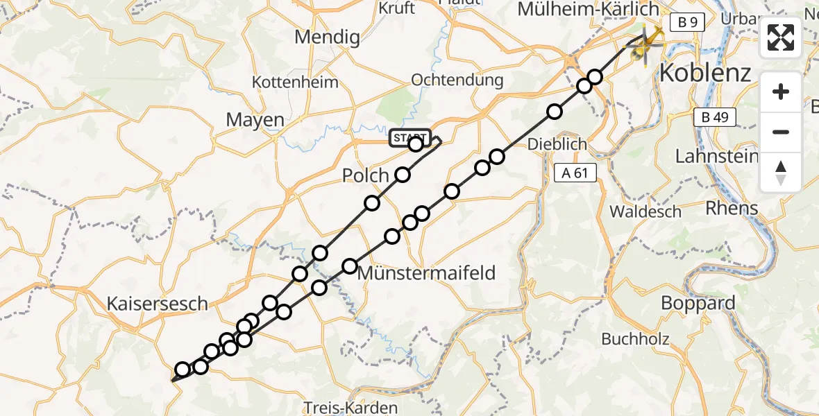 Flugroute Rettungshubschrauber Polch - Koblenz, 30 Juli 2026, 07:36
