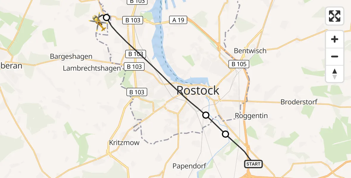 Flugroute Ambulanzhubschrauber Dummerstorf - Elmenhorst/Lichtenhagen, 30 Juli 2026, 07:38