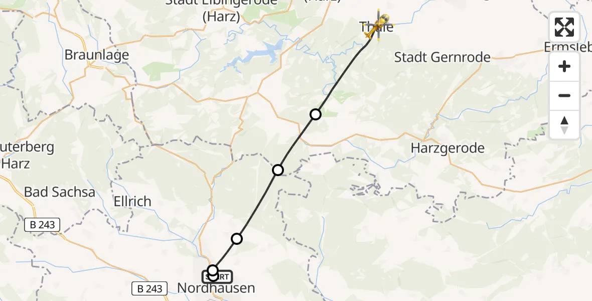 Flugroute Rettungshubschrauber Südharz Hospital Nordhausen - Thale, 30 Juli 2026, 07:39
