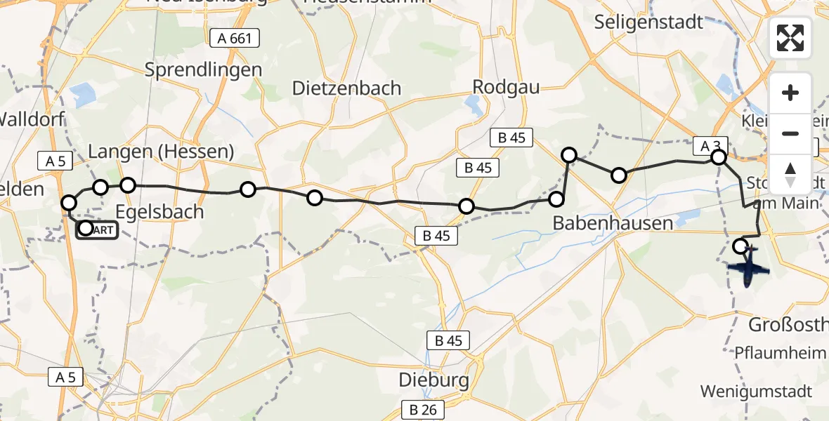 Flugroute Polizeiflugzeug Flughafen Frankfurt-Egelsbach - Großostheim, 30 Juli 2026, 07:41