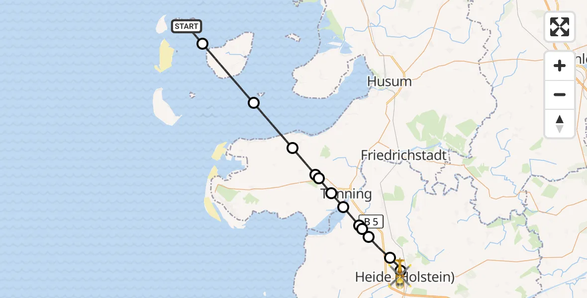 Flugroute Ambulanzhubschrauber Hallig Hooge - Heide, 30 Juli 2026, 07:42