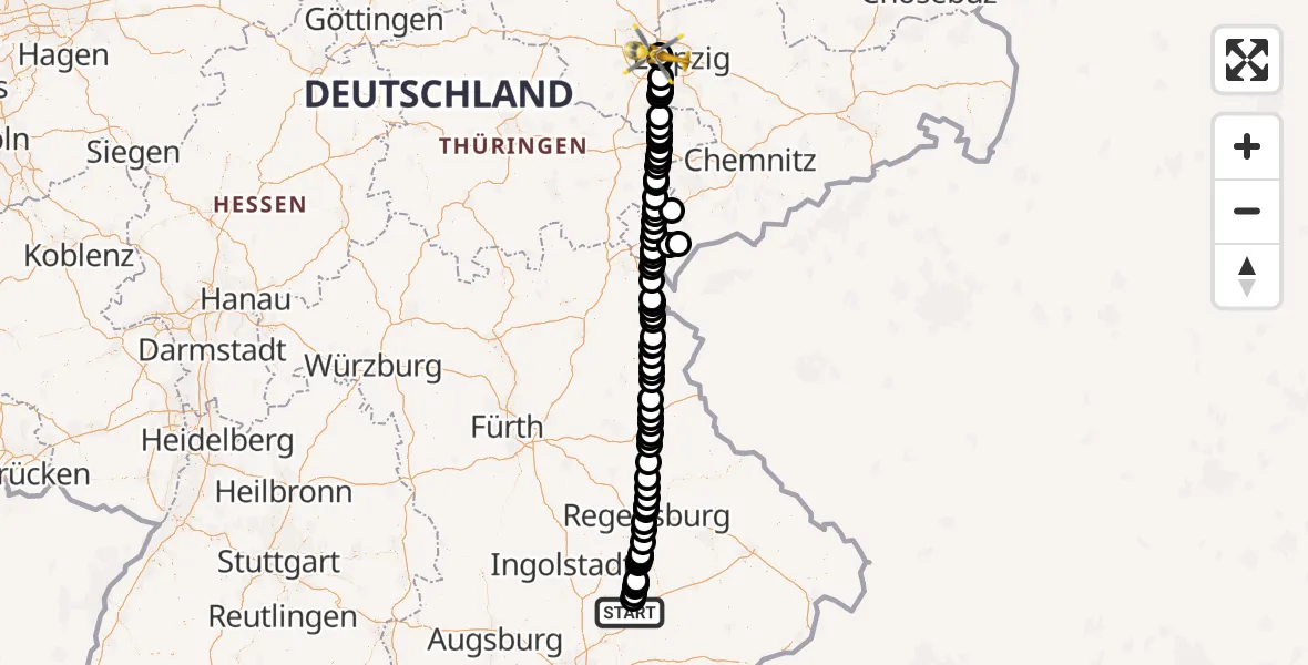 Flugroute Rettungshubschrauber Bruckberg - ADAC Air Rescue Station Leipzig/Schkeuditz-Dölzig Hubschrauberlandeplatz (Christoph 61), 30 Juli 2026, 07:44