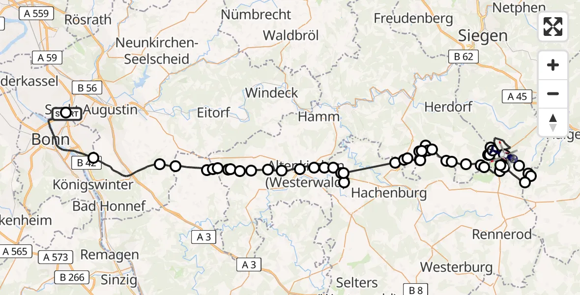 Flugroute Polizeihubschrauber Sankt Augustin - Siegerland Flughafen, 30 Juli 2026, 07:45