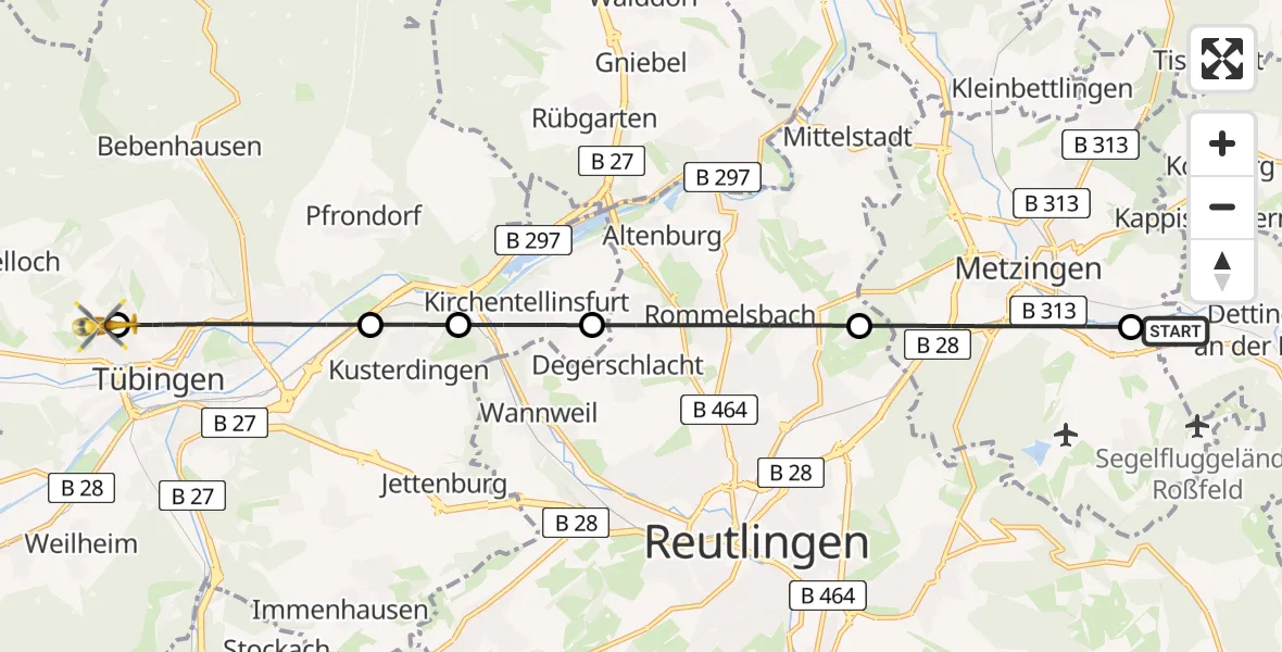 Flugroute Rettungshubschrauber Dettingen an der Erms - Tübingen University Hospital, 30 Juli 2026, 07:51