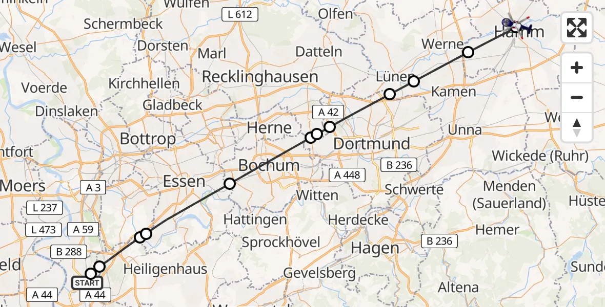 Flugroute Polizeihubschrauber Düsseldorf Flughafen - Hamm-Lippewiesen Flugplatz, 30 Juli 2026, 08:00