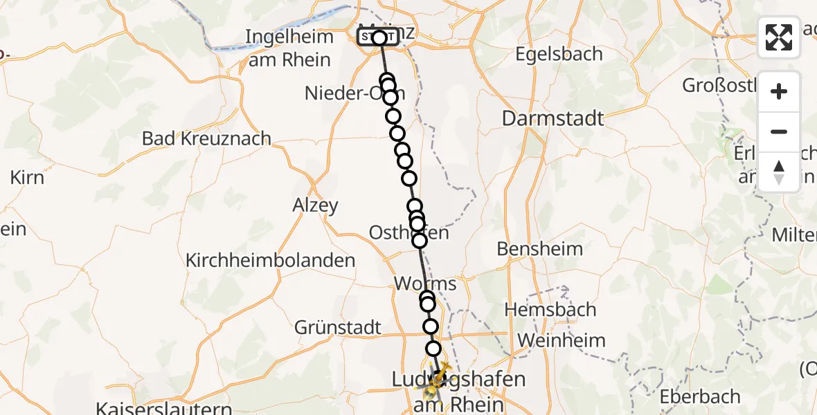 Flugroute Rettungshubschrauber Mainz University Hospital - Ludwigshafen Accident Hospital, 30 Juli 2026, 08:04