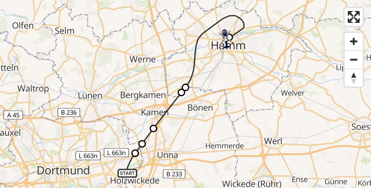 Flugroute Polizeihubschrauber Dortmund Flughafen - Hamm-Lippewiesen Flugplatz, 30 Juli 2026, 08:05