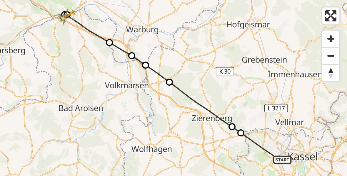 Flugroute Rettungshubschrauber Kassel - Diemelstadt, 30 Juli 2026, 08:06