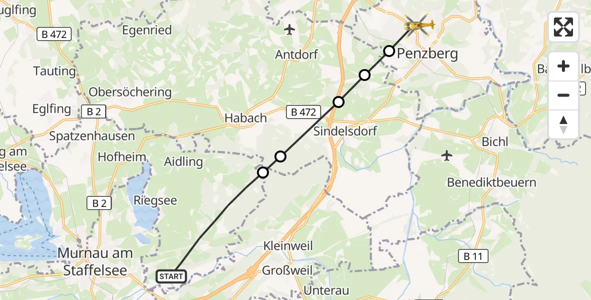 Flugroute Rettungshubschrauber Riegsee - Penzberg, 30 Juli 2026, 08:08