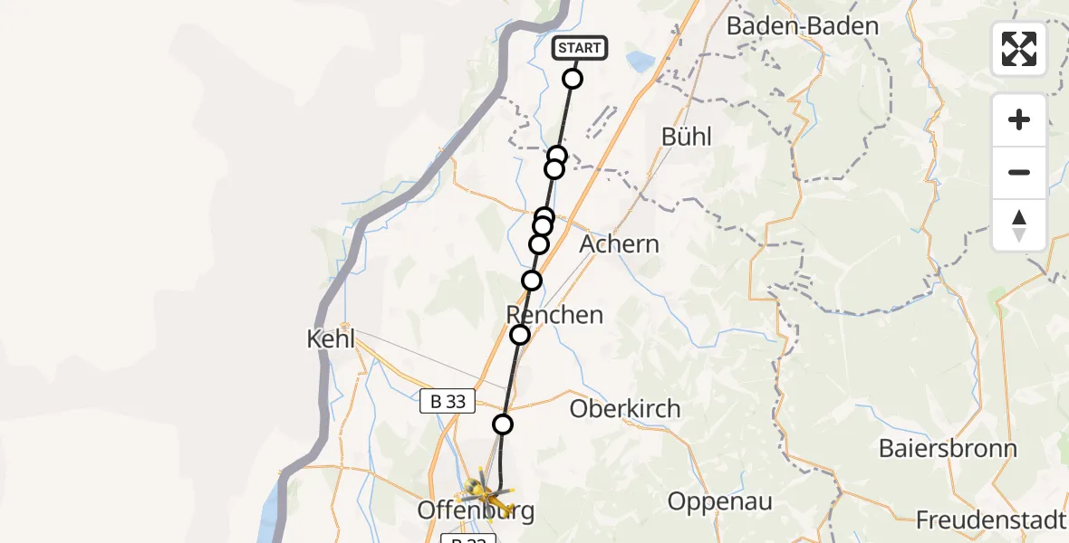 Flugroute Ambulanzhubschrauber Rheinmünster - Offenburg, 30 Juli 2026, 08:09
