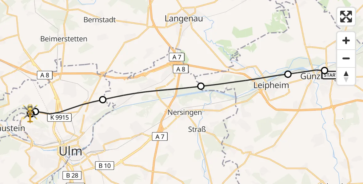 Flugroute Rettungshubschrauber Günzburg Hospital - ADAC Air Rescue Station Ulm (Christoph 22), 30 Juli 2026, 08:10