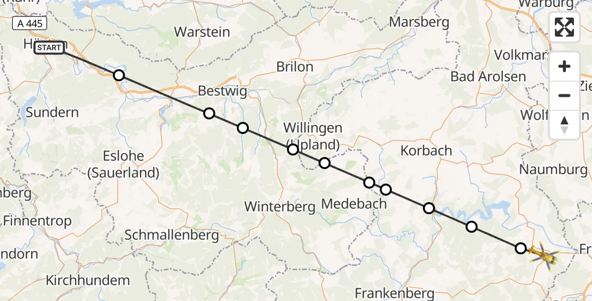 Flugroute Rettungshubschrauber Arnsberg - Bad Wildungen, 30 Juli 2026, 08:11