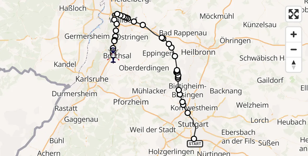 Flugroute Polizeihubschrauber Flughafen Stuttgart - Bruchsal, 30 Juli 2026, 08:12