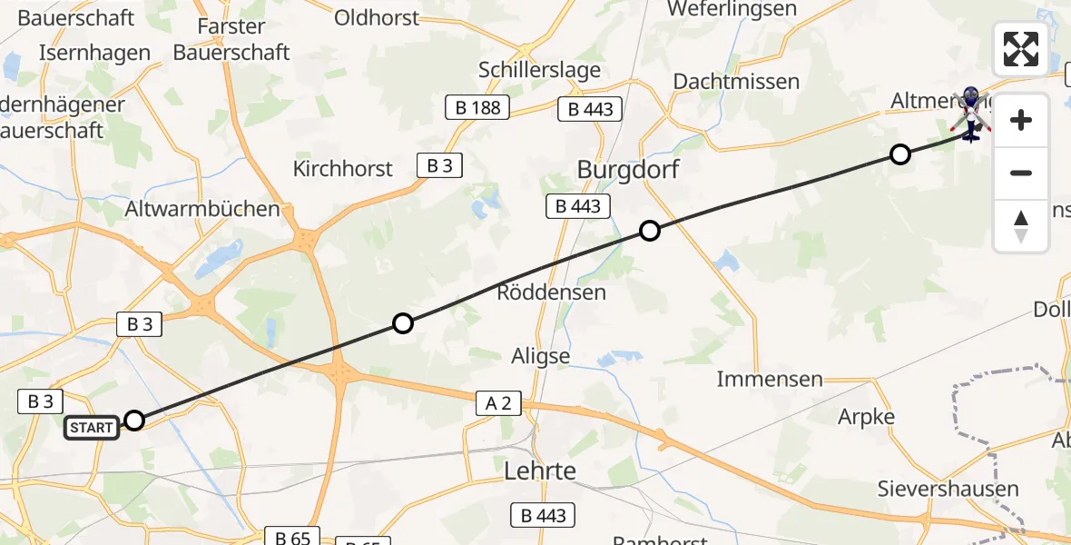Flugroute Polizeihubschrauber Hannover Luftrettung Hubschrauberlandeplatz (Christoph 4) - Uetze, 30 Juli 2026, 08:15