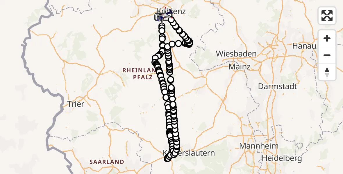 Flugroute Polizeihubschrauber Winningen - Koblenz-Winningen Flugplatz, 30 Juli 2026, 08:15