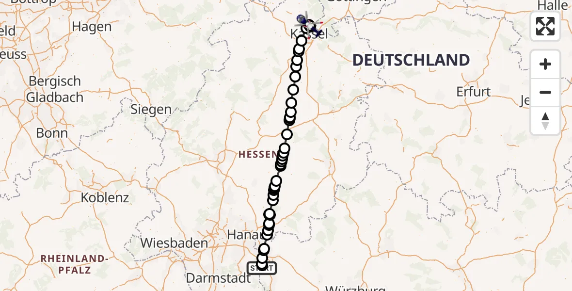 Flugroute Polizeihubschrauber Flugplatz Aschaffenburg - Fuldatal Bundespolizei Hubschrauberlandeplatz, 30 Juli 2026, 08:15