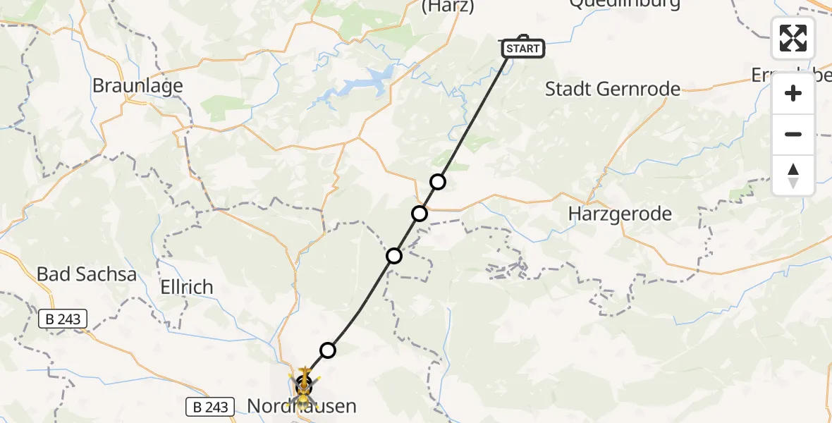 Flugroute Rettungshubschrauber Thale - Südharz Hospital Nordhausen, 30 Juli 2026, 08:21