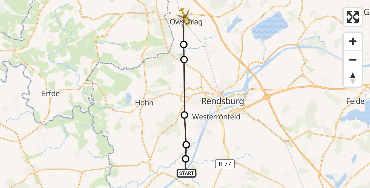 Flugroute Ambulanzhubschrauber Hörsten - Owschlag, 30 Juli 2026, 08:21
