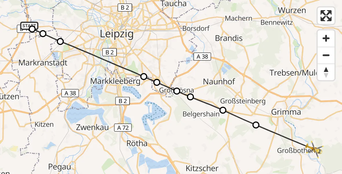 Flugroute Rettungshubschrauber ADAC Air Rescue Station Leipzig/Schkeuditz-Dölzig Hubschrauberlandeplatz (Christoph 61) - Grimma, 30 Juli 2026, 08:22