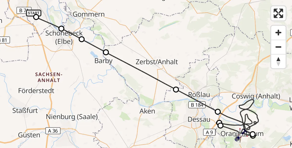 Flugroute Polizeihubschrauber Magdeburg City Flugplatz - Oranienbaum-Wörlitz, 30 Juli 2026, 08:22
