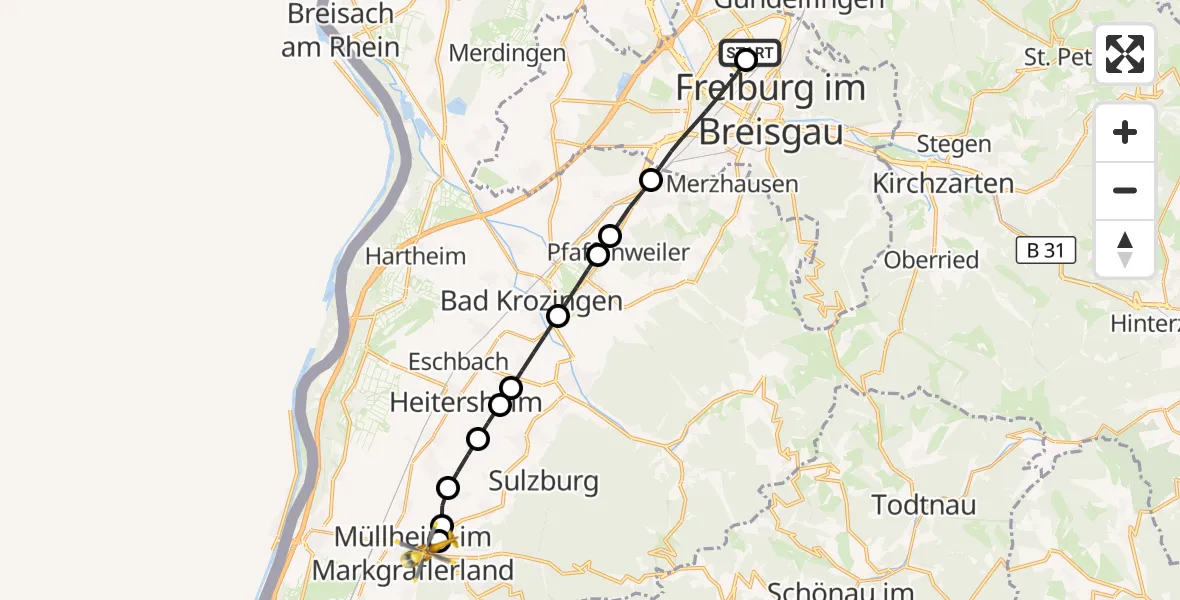 Flugroute Ambulanzhubschrauber Freiburg im Breisgau Flugplatz - Müllheim im Markgräflerland, 30 Juli 2026, 08:27