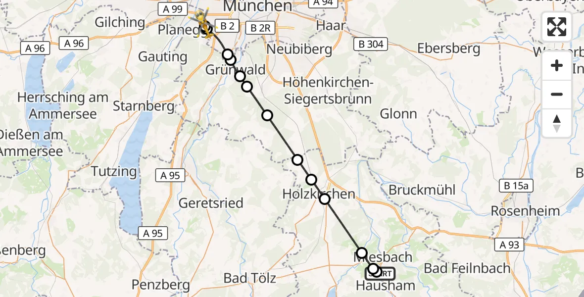 Flugroute Rettungshubschrauber Agatharied Hospital - DRF Air Rescue München Hubschrauberlandeplatz, 30 Juli 2026, 08:30