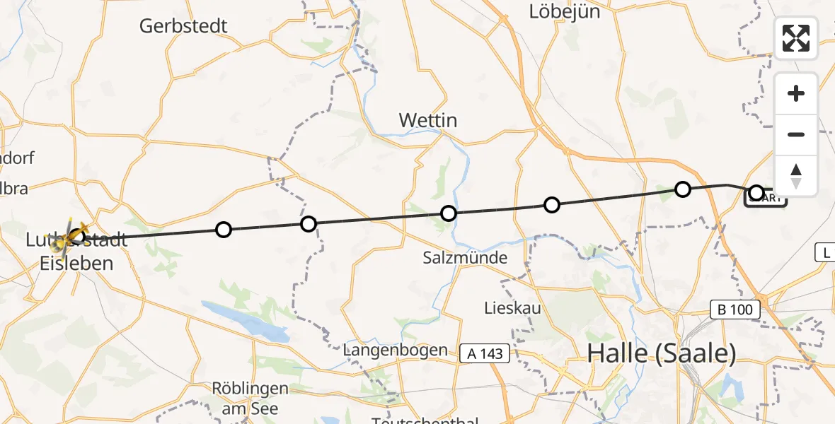 Flugroute Rettungshubschrauber Halle-Oppin Flugplatz - Helios Hospital Lutherstadt Eisleben, 30 Juli 2026, 08:34