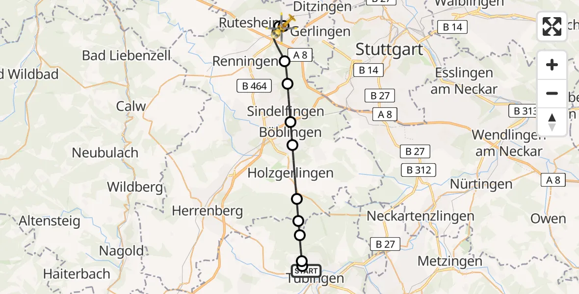 Flugroute Rettungshubschrauber Tübingen University Hospital - Leonberg Hospital, 30 Juli 2026, 08:37