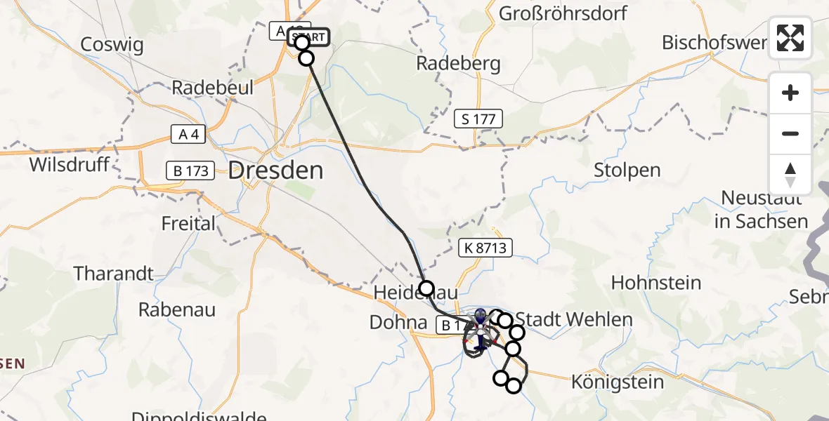 Flugroute Polizeihubschrauber Dresden Bundespolizei Hubschrauberlandeplatz - Pirna, 30 Juli 2026, 08:38