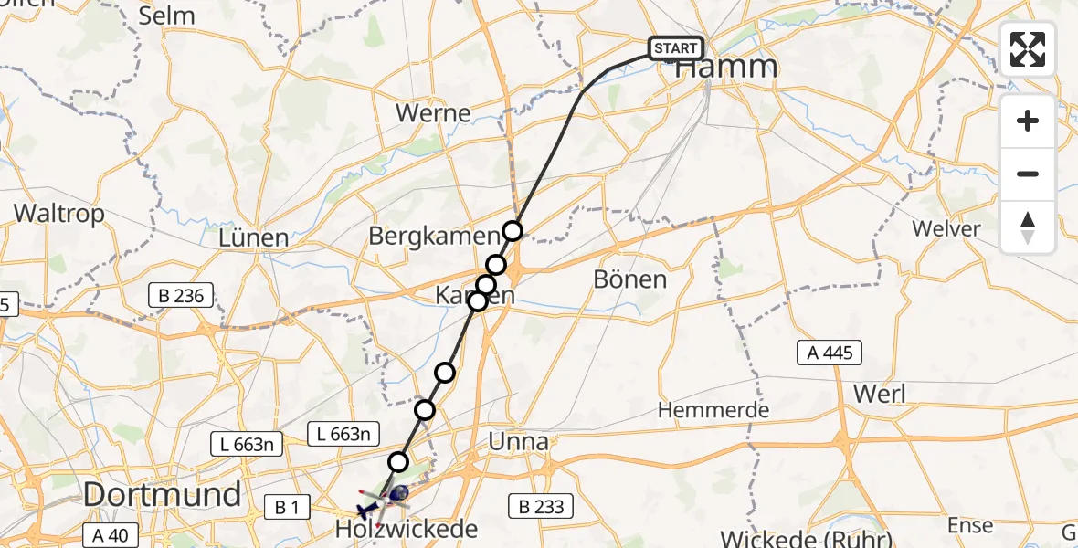 Flugroute Polizeihubschrauber Hamm - Dortmund Flughafen, 30 Juli 2026, 08:39
