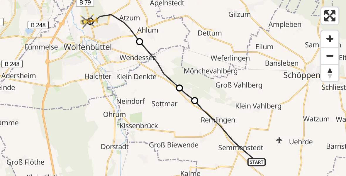 Flugroute Rettungshubschrauber Remlingen-Semmenstedt - Wolfenbüttel Municipal Hospital Heliport (Christoph 30), 30 Juli 2026, 08:41