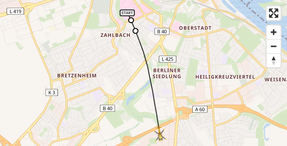 Flugroute Rettungshubschrauber Mainz University Hospital - Mainz, 30 Juli 2026, 08:43