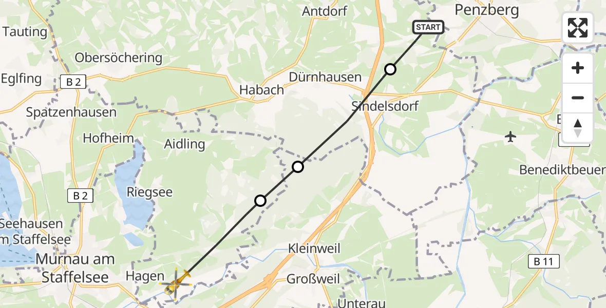 Flugroute Rettungshubschrauber Antdorf - Riegsee, 30 Juli 2026, 08:48