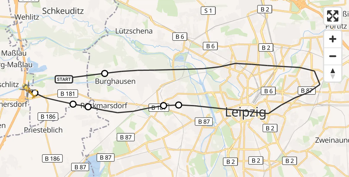 Flugroute Rettungshubschrauber Schkeuditz - ADAC Air Rescue Station Leipzig/Schkeuditz-Dölzig Hubschrauberlandeplatz (Christoph 61), 30 Juli 2026, 08:48