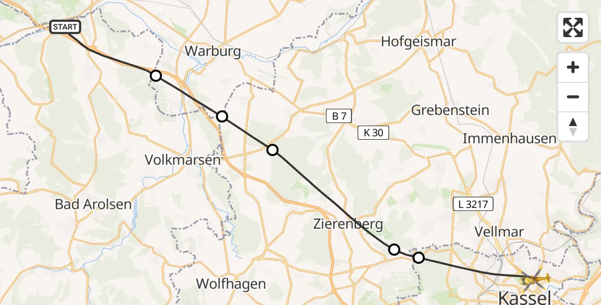 Flugroute Rettungshubschrauber Diemelstadt - Kassel, 30 Juli 2026, 08:50