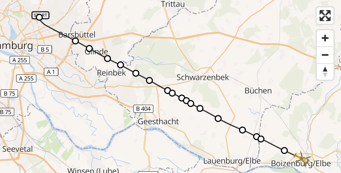 Flugroute Rettungshubschrauber Hamburg Military Hospital - Boizenburg/Elbe, 30 Juli 2026, 09:02