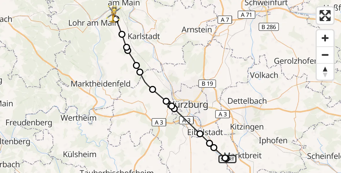 Flugroute Rettungshubschrauber Ochsenfurt Hospital - Lohr a.Main, 30 Juli 2026, 09:02