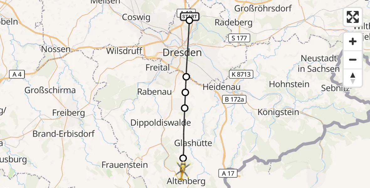 Flugroute Rettungshubschrauber Dresden Flughafen - Altenberg, 30 Juli 2026, 09:03