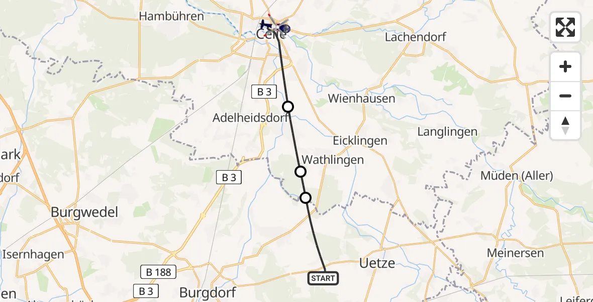 Flugroute Polizeihubschrauber Uetze - Celle, 30 Juli 2026, 09:04