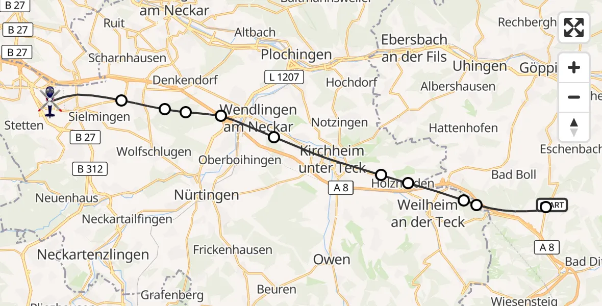 Flugroute Polizeihubschrauber Gruibingen-Nortel Flugplatz - Flughafen Stuttgart, 30 Juli 2026, 09:08