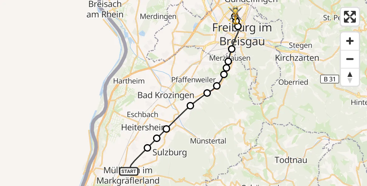 Flugroute Ambulanzhubschrauber Müllheim im Markgräflerland - Freiburg im Breisgau Flugplatz, 30 Juli 2026, 09:10