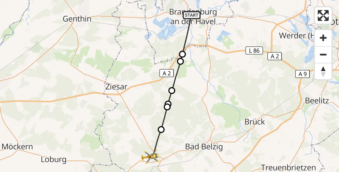 Flugroute Rettungshubschrauber Brandenburg an der Havel - Wiesenburg/Mark, 30 Juli 2026, 09:14