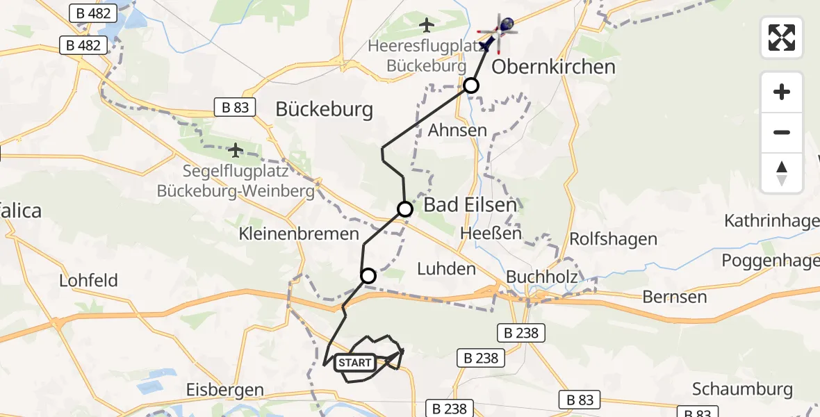 Flugroute Polizeihubschrauber Rinteln - Obernkirchen, 30 Juli 2026, 09:17