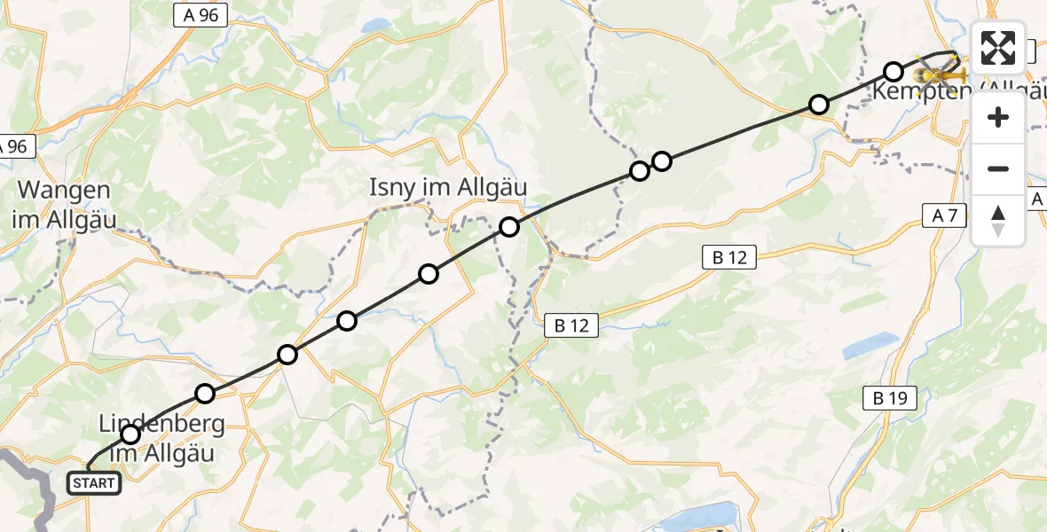 Flugroute Rettungshubschrauber Scheidegg - Kempten (Allgäu), 30 Juli 2026, 09:18